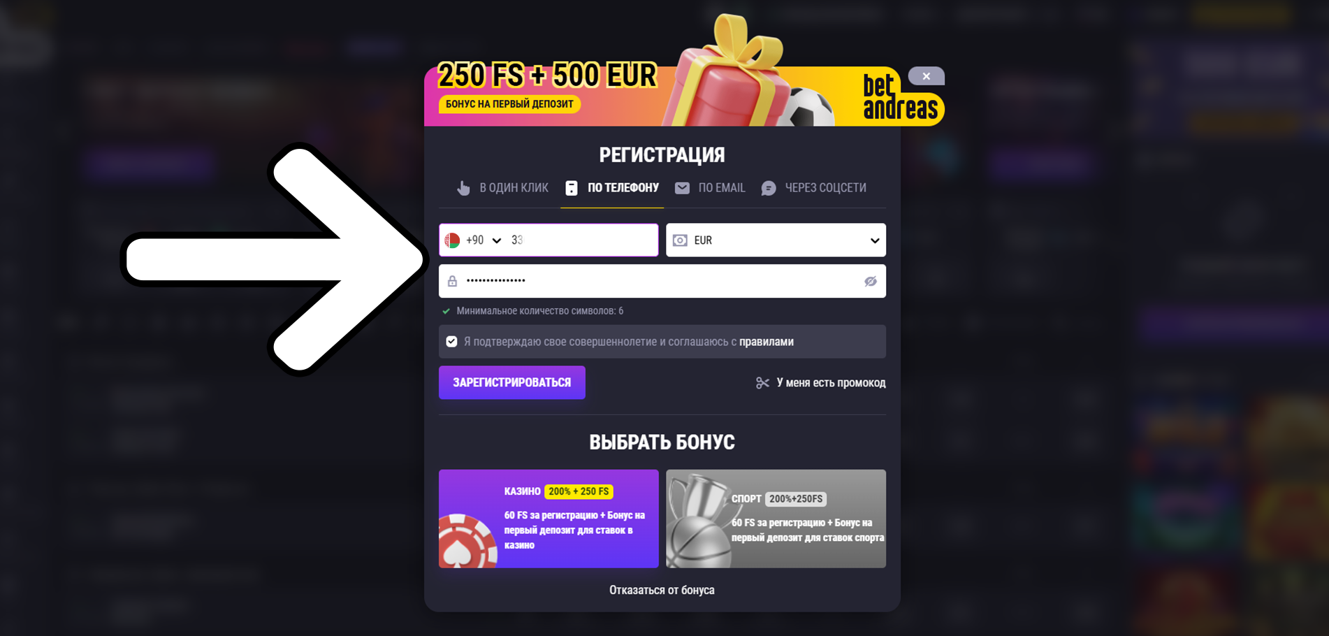 Введите необходимые для данного способа регистрации данные - Betandreas